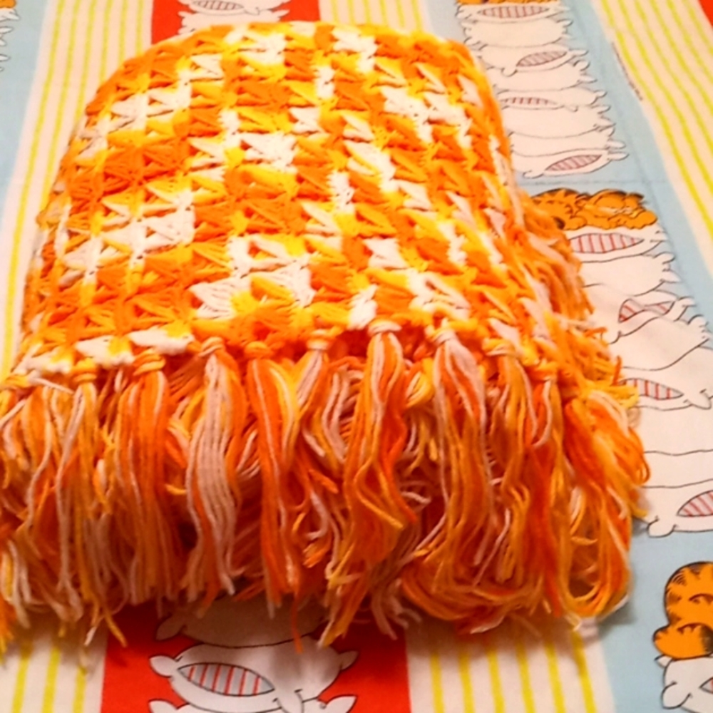 Homemade,Knitted,Orange & White,Loose Weave,Full Size,Afghan with Fringe